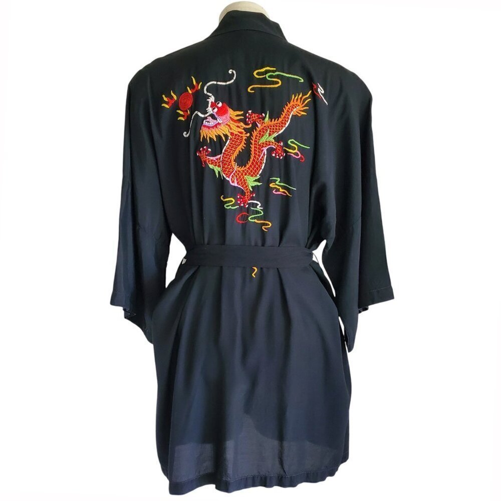 Vintage Dragon Embroidered Kimono Style Artsy Boho Robe Black Size S